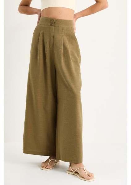 Kadın Yüksek Bel Pile Detaylı Cepli Bol Paça Pantolon fırsatları