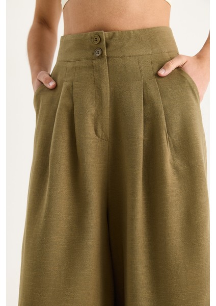 Kadın Yüksek Bel Pile Detaylı Cepli Bol Paça Pantolon indirimleri