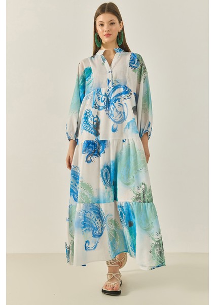 Kadın V Yaka Desenli Astarlı Volanlı Uzun Keten Elbise