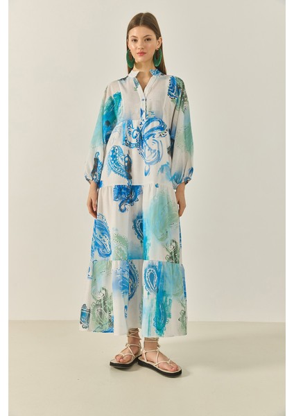 Kadın V Yaka Desenli Astarlı Volanlı Uzun Keten Elbise fiyatları