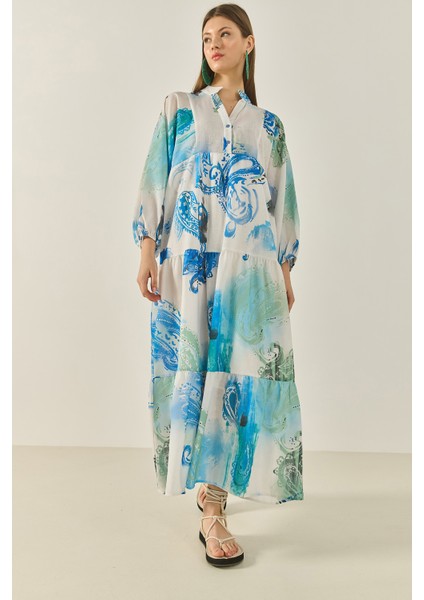 Kadın V Yaka Desenli Astarlı Volanlı Uzun Keten Elbise modelleri