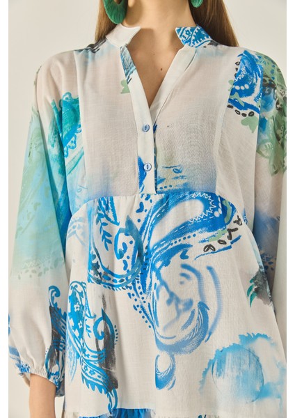 Kadın V Yaka Desenli Astarlı Volanlı Uzun Keten Elbise fırsatları