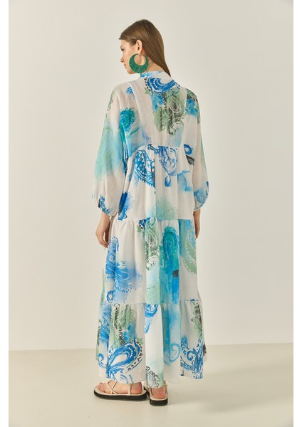 Kadın V Yaka Desenli Astarlı Volanlı Uzun Keten Elbise indirimleri