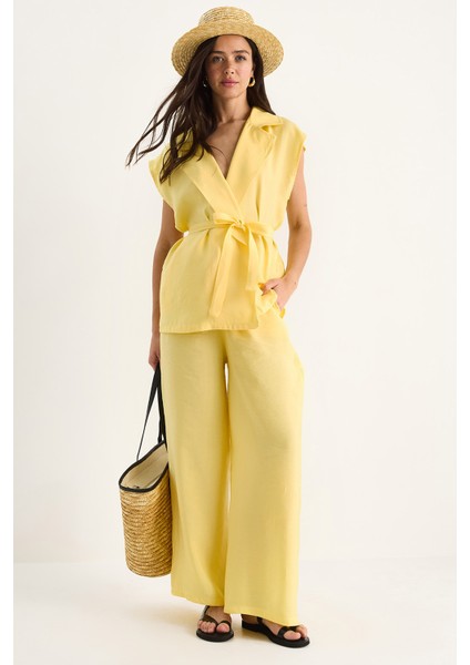 Kadın Kuşaklı Yelek Cep Detaylı Palazzo Pantolonlu Modal Takım