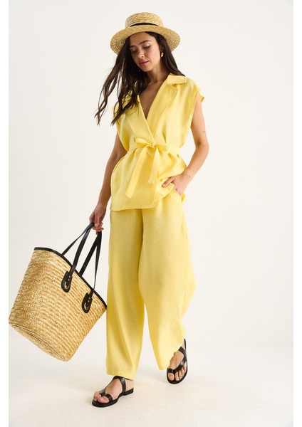 Kadın Kuşaklı Yelek Cep Detaylı Palazzo Pantolonlu Modal Takım modelleri