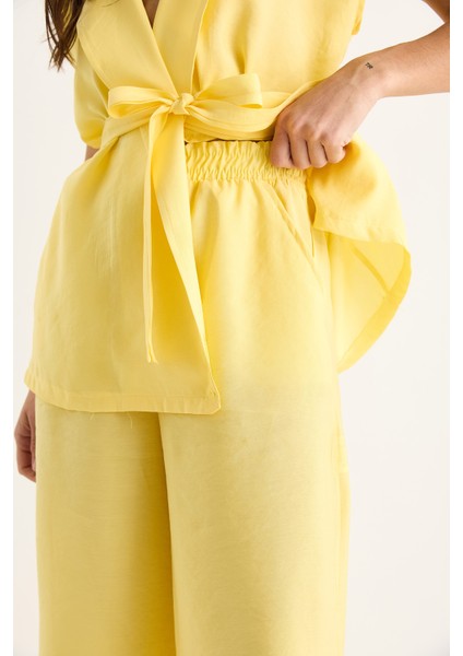 Kadın Kuşaklı Yelek Cep Detaylı Palazzo Pantolonlu Modal Takım