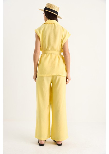 Kadın Kuşaklı Yelek Cep Detaylı Palazzo Pantolonlu Modal Takım