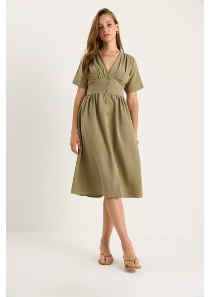 Kadın V Yaka Bel Detaylı Düğmeli Kısa Kollu Viskon Keten Elbise fiyatları