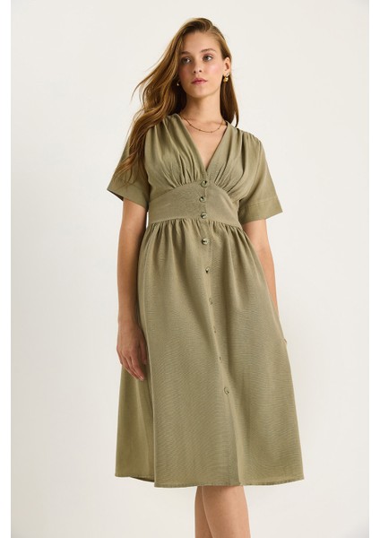 Kadın V Yaka Bel Detaylı Düğmeli Kısa Kollu Viskon Keten Elbise modelleri