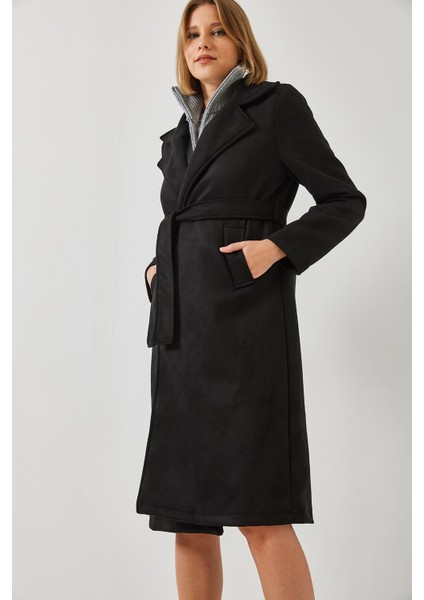 Kadın Kruvaze Yaka Kuşaklı Cep Detaylı Kaşe Kaban fiyatları