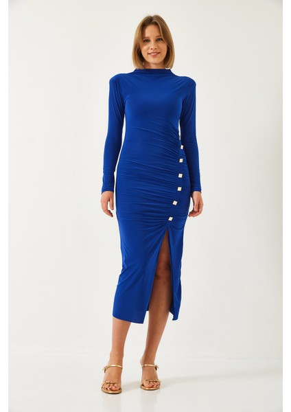 Kadın Düğme Detaylı Uzun Candy Kumaş Elbise