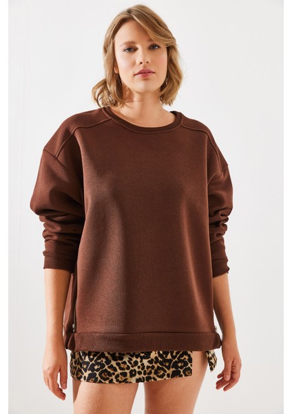 Kadın Bisiklet Yaka Şardonlu Fermuar Detaylı Basic Sweatshirt