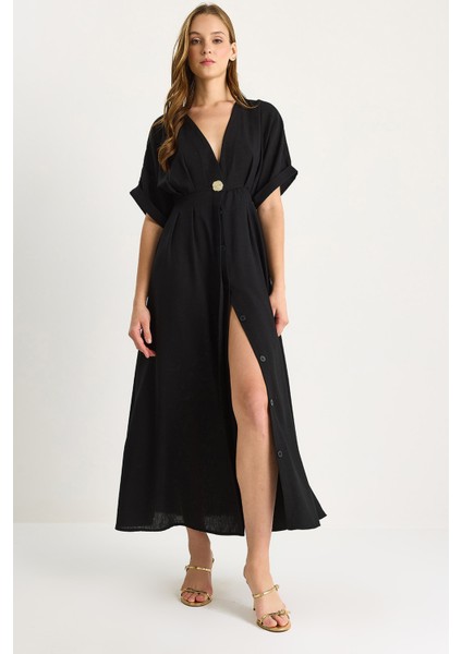 Kadın V Yaka Gold Düğme Detaylı Keten Elbise