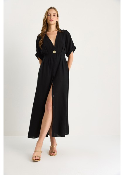 Kadın V Yaka Gold Düğme Detaylı Keten Elbise modelleri