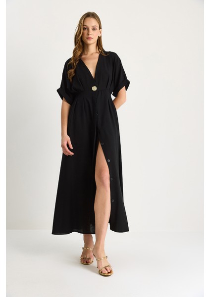 Kadın V Yaka Gold Düğme Detaylı Keten Elbise fırsatları