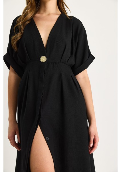 Kadın V Yaka Gold Düğme Detaylı Keten Elbise indirimleri