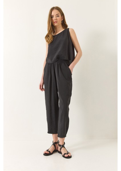 Kadın Kalın Askılı Bluz Beli Lastikli Pantolon Modal Takım