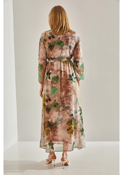 Kadın Astarlı Beli Lastikli V Yaka Kruvaze Kuşaklı Şifon Elbise