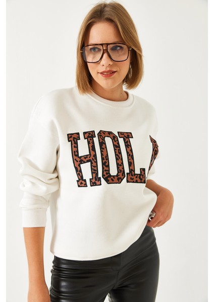 Kadın Leopar Nakışlı Üç Iplik Şardonlu Sweatshirt