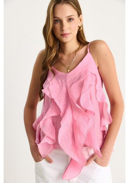Kadın V Yaka Fırfırlı Volanlı Askılı Bluz Hafif Transparan Bluz