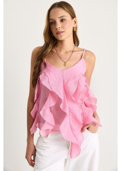 Kadın V Yaka Fırfırlı Volanlı Askılı Bluz Hafif Transparan Bluz fiyatları