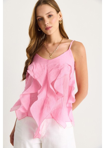 Kadın V Yaka Fırfırlı Volanlı Askılı Bluz Hafif Transparan Bluz modelleri