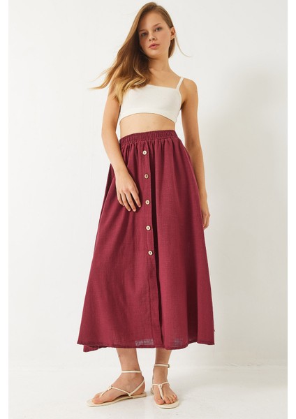 Kadın Düğme Detaylı Beli Lastikli Kısa Astarlı Keten Etek