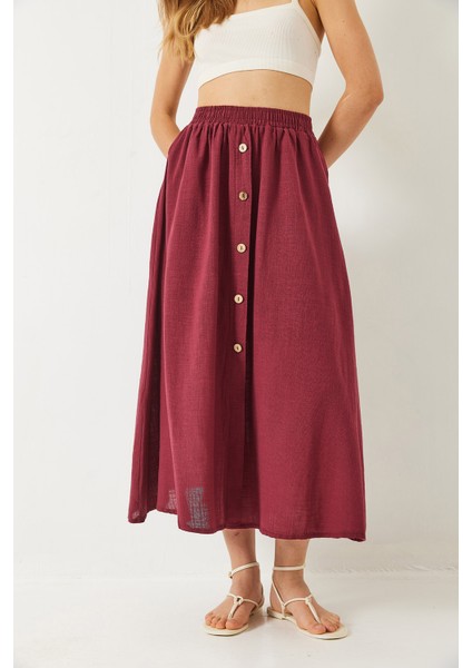 Kadın Düğme Detaylı Beli Lastikli Kısa Astarlı Keten Etek fiyatları