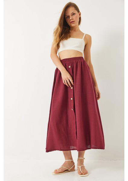 Kadın Düğme Detaylı Beli Lastikli Kısa Astarlı Keten Etek modelleri