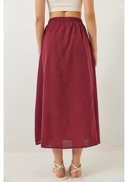 Kadın Düğme Detaylı Beli Lastikli Kısa Astarlı Keten Etek indirimleri