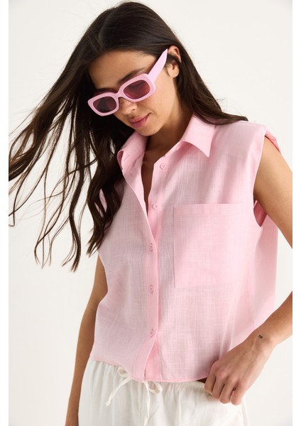 Kadın Vatkalı Kalın Askılı Keten Dokulu Pamuk Gömlek G-