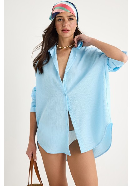 Kadın Düşük Omuz Oversize Basic Bürümcük Gömlek