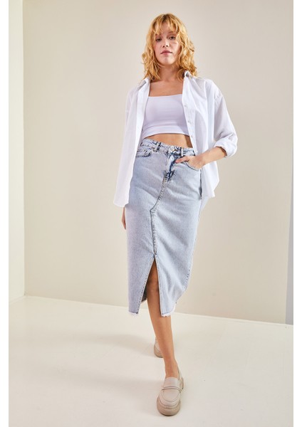 Kadın Lazer Kesim Yırtmaçlı Kot Etek