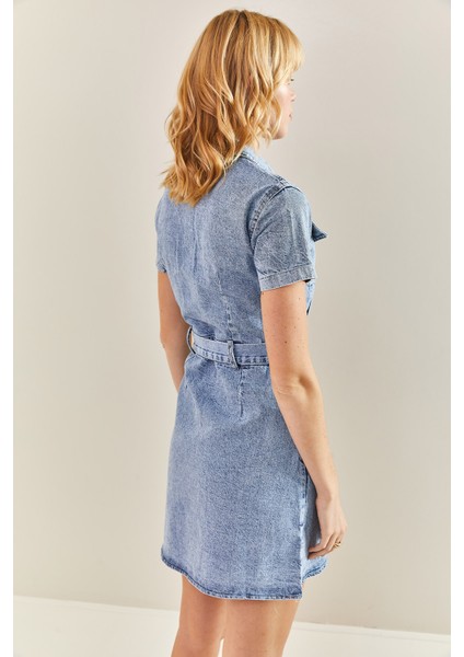 Kadın Kuşaklı Çıtçıt Düğmeli Kot Elbise fiyatları