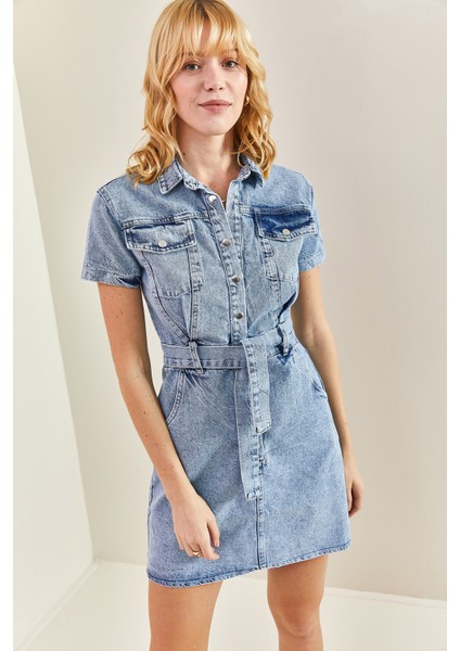 Kadın Kuşaklı Çıtçıt Düğmeli Kot Elbise modelleri