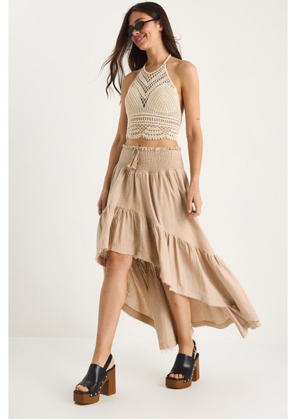 Kadın Önü Kısa Arkası Uzun Beli Gipeli Astarlı Volanlı Müslin Etek S-