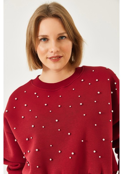 Kadın Bisiklet Yaka Önü Inci Çakmalı Üç Iplik Şardonlu Sweatshırt fiyatları