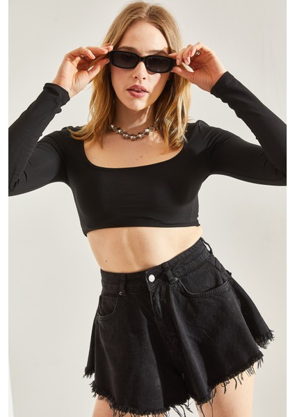 Kadın Uzun Kol Kare Yaka Crop Bluz