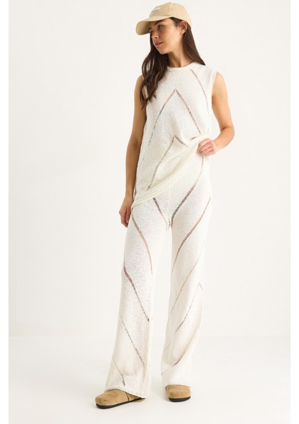 Kadın Kalın Askılı Bluz Bol Pantolonlu Ince Yazlık Triko Alt-Üst Takım