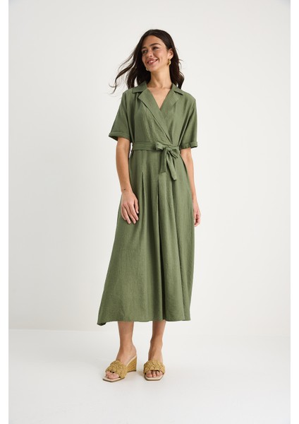 Kadın Kruvaze Yaka Kuşaklı Kısa Kollu Yazlık Elbise modelleri