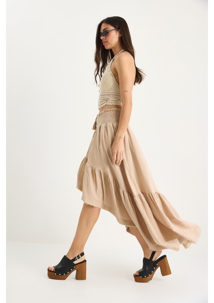 Kadın Önü Kısa Arkası Uzun Beli Gipeli Astarlı Volanlı Müslin Etek S- fiyatları