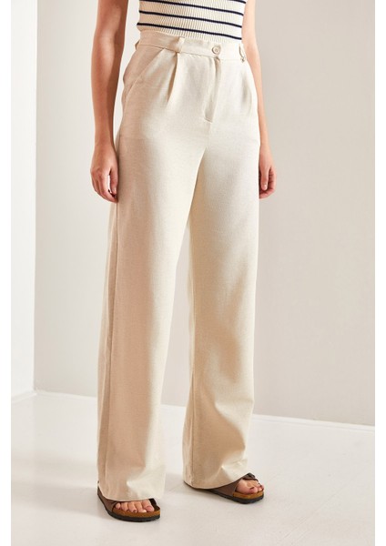 Kadın Yüksek Bel Pile Detaylı Keten Palazzo Pantolon