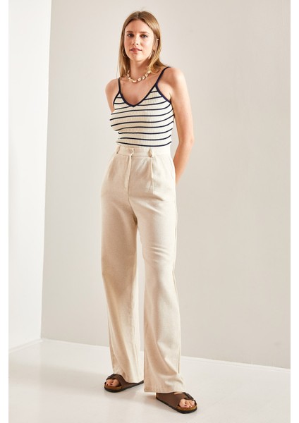 Kadın Yüksek Bel Pile Detaylı Keten Palazzo Pantolon fiyatları