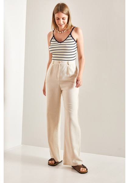 Kadın Yüksek Bel Pile Detaylı Keten Palazzo Pantolon modelleri
