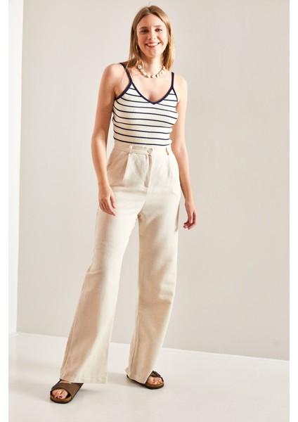 Kadın Yüksek Bel Pile Detaylı Keten Palazzo Pantolon fırsatları