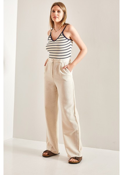 Kadın Yüksek Bel Pile Detaylı Keten Palazzo Pantolon indirimleri