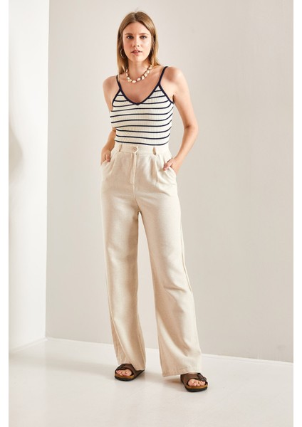 Kadın Yüksek Bel Pile Detaylı Keten Palazzo Pantolon