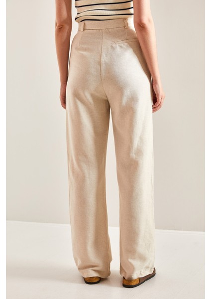 Kadın Yüksek Bel Pile Detaylı Keten Palazzo Pantolon