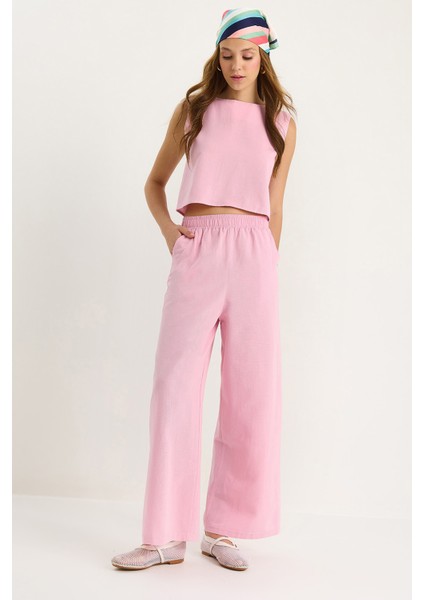 Kadın Kalın Askılı Bluz Beli Lastikli Cep Detaylı Bol Pantolonlu Keten Takım