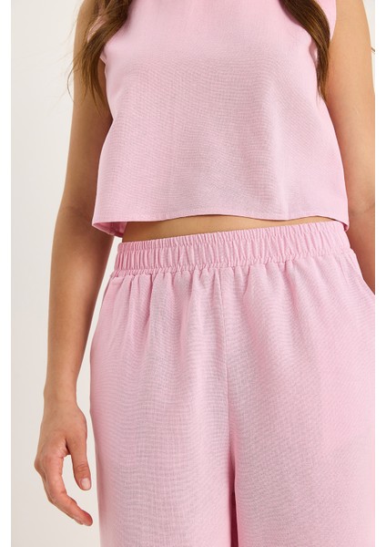 Kadın Kalın Askılı Bluz Beli Lastikli Cep Detaylı Bol Pantolonlu Keten Takım fiyatları